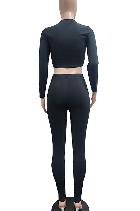 Red Autumn Winter Sexy Pure Color Casual Round Collar Chain Ribber Long Sleeve Pants Sets JP1051-2
