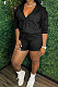 Black Women Hooded Long Sleeve Solid Color Cardigan Zipper Fleece Shorts Sets KDN2218-1