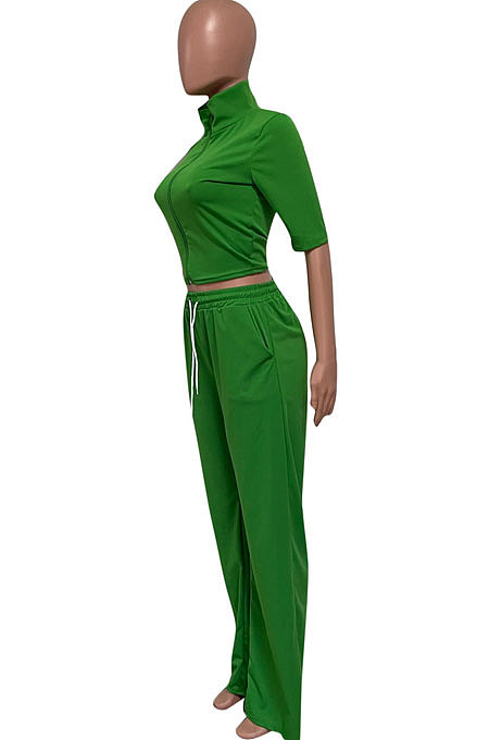 Green Women Autumn Half Sleeve Coat Pure Color Loose Pants Sets HM5504