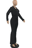 Black New Autumn Winter Long Sleeve Zip Front Hoodie Flare Pants Solid Color Sport Sets KSN88012-2