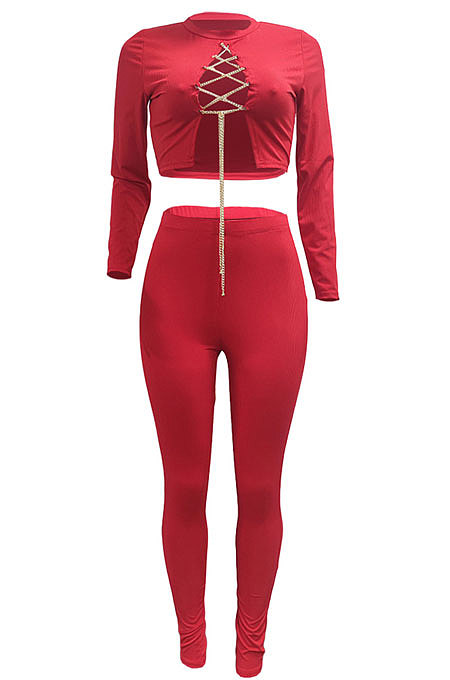 Red Autumn Winter Sexy Pure Color Casual Round Collar Chain Ribber Long Sleeve Pants Sets JP1051-2