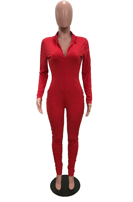 Rose Red Cotton Blend Long Sleeve Zip Front Slim Fitting Solid Color Bodycon Jumpsuits YSH86261-1