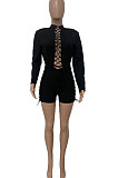 Green Autumn Winter Euramerican Women Bandage Lacing Hollow Out Long Sleeve Romper Shorts LD81027-1