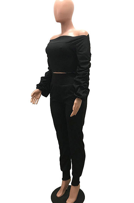 Rose Red Women Lantern sleeve Pure Color Bodycon Fashion A Word Shoulder Elastic Force Pants Sets MR2117-3