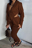 Khaki Euramerican Pure Color Zipper Hooded Lady Long Sleeve Long Pants Casual Sport Two-Pieces KZ2136-4