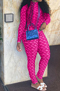 Rose Red Women Fashion Autumn Winter Sexy Stand Collar Tight Printing Long Sleeve Milk Silk Zipper Bodycon Jumpsuits MR2116-4