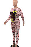 Purple Women Trendy Printing Long Sleeve Round Collar Casual Pants Sets KKY80056-2
