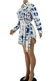 Sky Blue Euramerican Autumn Winter Long Sleeve Printing Cardiagn Tied Button T Shirt/Shirt Dress JZH8085