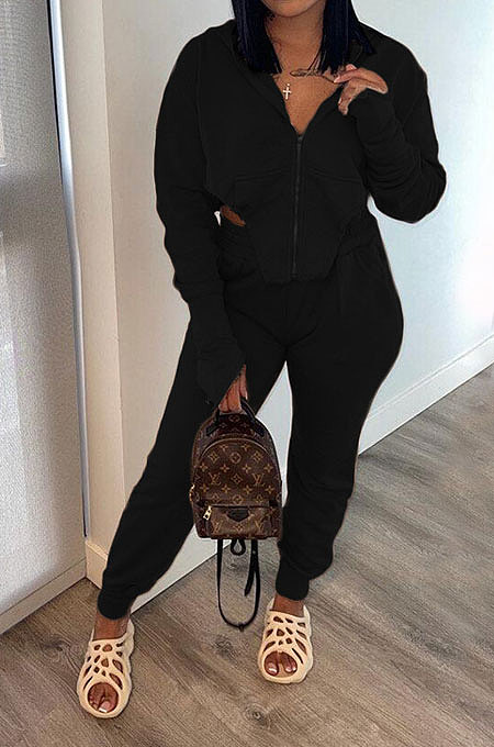 Black Euramerican Pure Color Zipper Hooded Lady Long Sleeve Long Pants Casual Sport Two-Pieces KZ2136-1