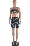 Yellow Modest Letter Print Strapless High Waist Shorts Two-Piece LSN7117-2