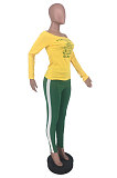 Red Cotton Blend Print A Wrod Shoulder Long Sleeve T-Shirt Sweat Pants Two-Piece LSN7118-1