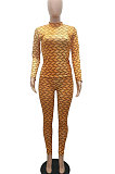 Blue Women Fashion Autumn Winter Sexy Stand Collar Tight Printing Long Sleeve Milk Silk Zipper Pants Sets MR2115-4