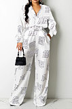 White Women Autumn Winter Irregular Printing Lady Shirts Casual Loose With Waistband Pants Sets KZ2135-1