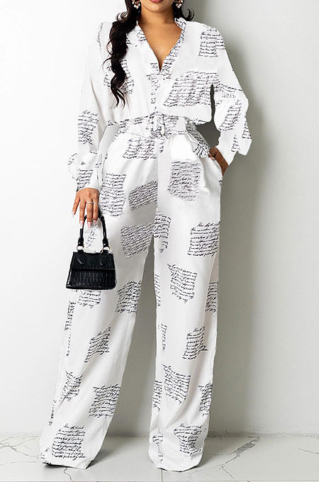 White Women Autumn Winter Irregular Printing Lady Shirts Casual Loose With Waistband Pants Sets KZ2135-1