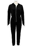 Black Euramerican Pure Color Zipper Hooded Lady Long Sleeve Long Pants Casual Sport Two-Pieces KZ2136-1