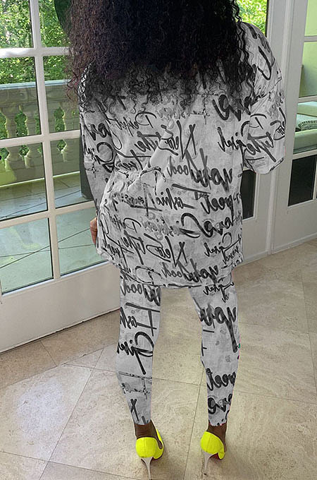Purple Women Trendy Printing Long Sleeve Round Collar Casual Pants Sets KKY80056-2