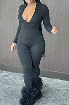 Black Cotton Blend Long Sleeve Zip Front Slim Fitting Solid Color Bodycon Jumpsuits YSH86261-4