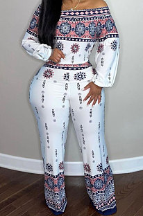 Colorful Positioning Print Long Sleeve Blouse Flare Pnats Two-Piece ZQ8116