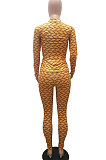 Black Women Fashion Autumn Winter Sexy Stand Collar Tight Printing Long Sleeve Milk Silk Pants Sets MR2115-2