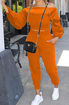 Orange Women Lantern sleeve Pure Color Bodycon Fashion A Word Shoulder Elastic Force Pants Sets MR2117-1