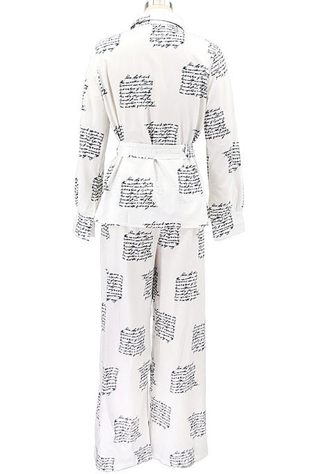 White Women Autumn Winter Irregular Printing Lady Shirts Casual Loose With Waistband Pants Sets KZ2135-1
