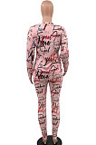 Purple Women Trendy Printing Long Sleeve Round Collar Casual Pants Sets KKY80056-2