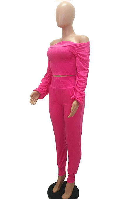 Wine Red Women Lantern sleeve Pure Color Bodycon Fashion A Word Shoulder Elastic Force Pants Sets MR2117-5