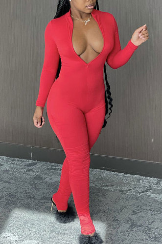 Blue Cotton Blend Long Sleeve Zip Front Slim Fitting Solid Color Bodycon Jumpsuits YSH86261-3