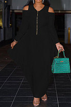 Black New Autumn Long Sleeve Off Shoulder Zip Front Loose Lantern Dress ZQ8121-1