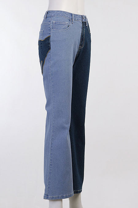 Light Blue Contrast Color Palm Tight High Waist Spliced Sexy Jeans Pants FLY21444-2