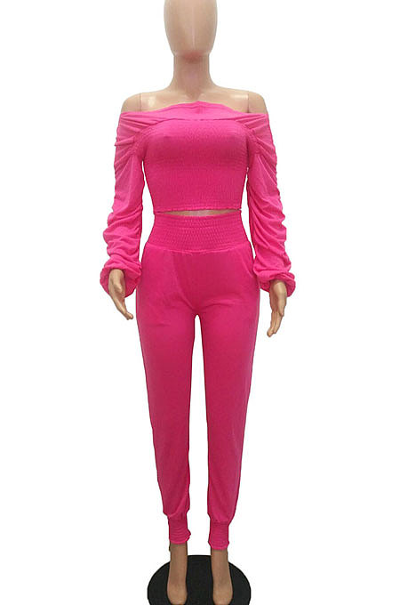 Blue Women Lantern sleeve Pure Color Bodycon Fashion A Word Shoulder Elastic Force Pants Sets MR2117-4