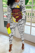 Gray Women Trendy Printing Long Sleeve Round Collar Casual Pants Sets KKY80056-3