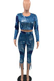 Black Euramerican Women Fashion Printing Tassel Long Sleeve Pants Sets KKY80049-2