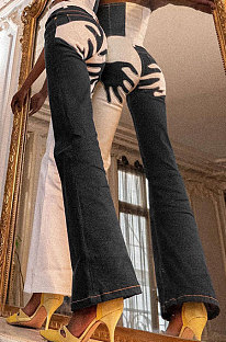 Dark Blue Contrast Color Palm Tight High Waist Spliced Sexy Jeans Pants FLY21444-1