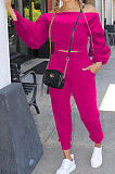 Orange Women Lantern sleeve Pure Color Bodycon Fashion A Word Shoulder Elastic Force Pants Sets MR2117-1
