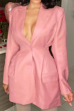 Pink Autumn Turn-Down Collar Single-Breasted Tight Solid Color Small Suit Jacket JZH8083