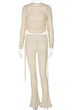 Gray Euramerican Women Trendy Drawsting Long Sleeve Tops Bodycon Solid Color Tiny Flared Pants Sets KLK186110-2