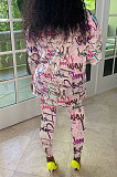 Pink Women Trendy Printing Long Sleeve Round Collar Casual Pants Sets KKY80056-1