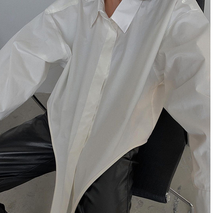 White Women New Pure Color Bodycon Irregular Long Sleeve Loose Cardigan Turn-Down Collar Single-Breasted Shirts FLY21205-1