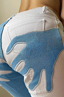 Light Blue Contrast Color Palm Tight High Waist Spliced Sexy Jeans Pants FLY21444-2