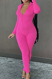 Black Cotton Blend Long Sleeve Zip Front Slim Fitting Solid Color Bodycon Jumpsuits YSH86261-4