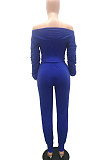 Rose Red Women Lantern sleeve Pure Color Bodycon Fashion A Word Shoulder Elastic Force Pants Sets MR2117-3