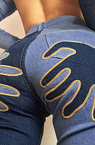 Blue Contrast Color Palm Tight High Waist Spliced Sexy Jeans Pants FLY21444-3