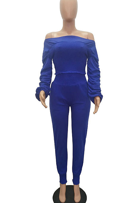 Orange Women Lantern sleeve Pure Color Bodycon Fashion A Word Shoulder Elastic Force Pants Sets MR2117-1