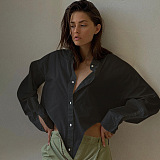 Yellow Women New Pure Color Bodycon Irregular Long Sleeve Loose Cardigan Turn-Down Collar Single-Breasted Shirts FLY21205-3