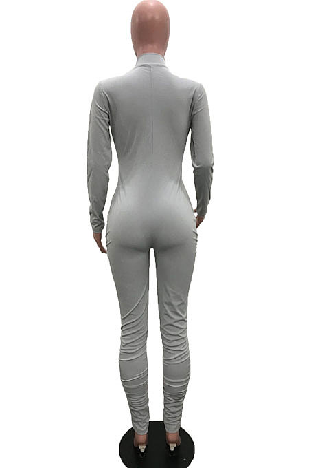 Rose Red Cotton Blend Long Sleeve Zip Front Slim Fitting Solid Color Bodycon Jumpsuits YSH86261-1