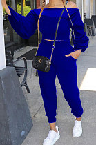 Blue Women Lantern sleeve Pure Color Bodycon Fashion A Word Shoulder Elastic Force Pants Sets MR2117-4