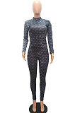 Rose Red Women Fashion Autumn Winter Sexy Stand Collar Tight Printing Long Sleeve Milk Silk Pants Sets MR2115-3