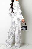 White Women Autumn Winter Irregular Printing Lady Shirts Casual Loose With Waistband Pants Sets KZ2135-1