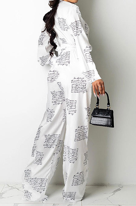 White Women Autumn Winter Irregular Printing Lady Shirts Casual Loose With Waistband Pants Sets KZ2135-1